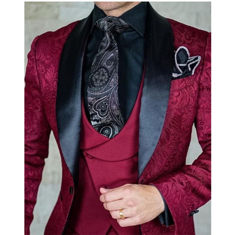 Men'S Used Formal Wear - Costume de Mariage en Jacquard Bordeaux